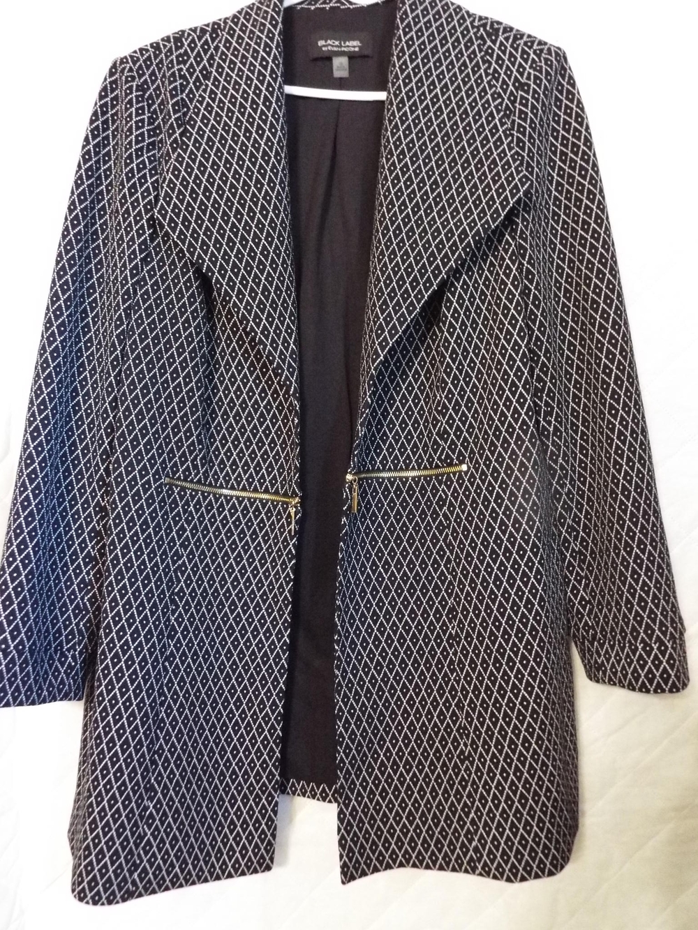 Evan Picone Black and White Diamond-Print Open Front Blazer